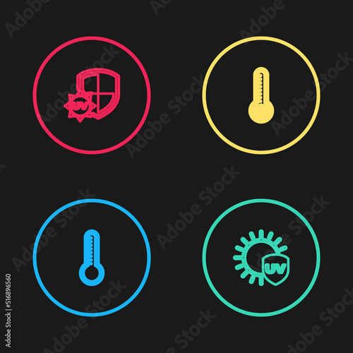 Set line Meteorology thermometer, UV protection, and icon. Vector