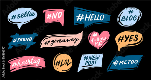 Hashtag banners. Social media tags, internet slang words and online communication hashtags for posts vector set
