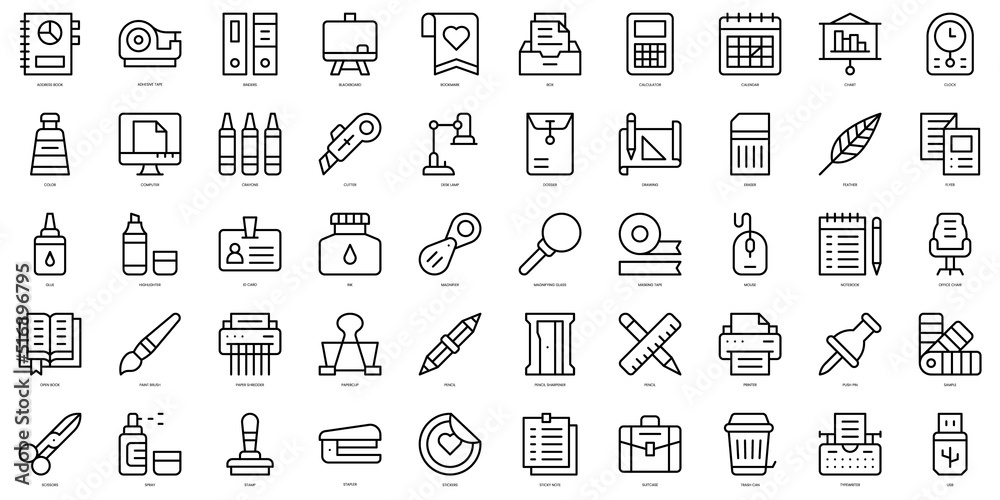 Set of thin line stationery Icons. Vector illustration