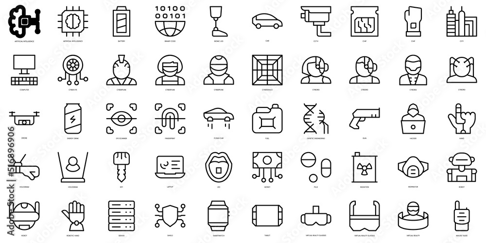 Set of thin line cyberpunk Icons. Vector illustration