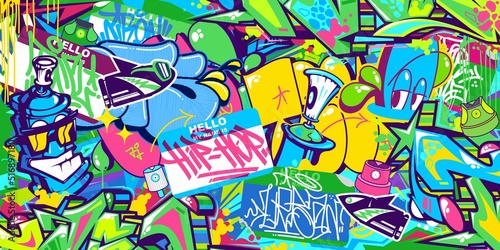 Abstract Colorful Urban Graffiti Style Sticker Bombing With Some Street Art Lettering Vector Illustration Background © Anton Kustsinski