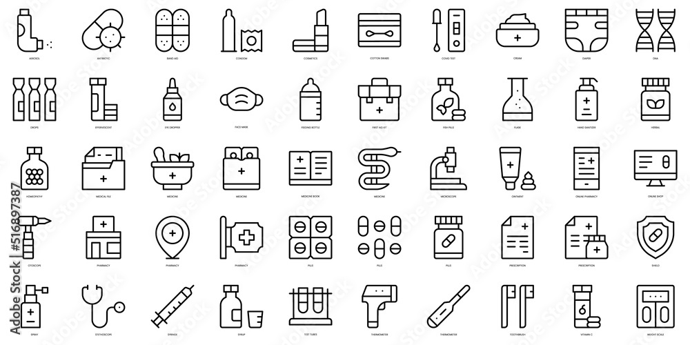 Set of thin line pharmacy Icons. Vector illustration
