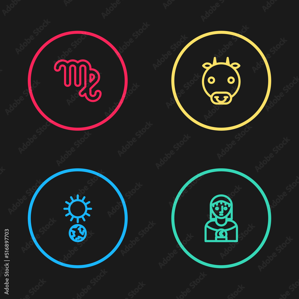 Set line Solstice, Astrology woman, Ox zodiac and Virgo icon. Vector Set line Solstice, Astrology woman, Ox zodiac and Virgo icon. Vector