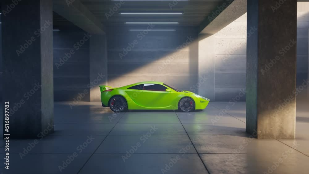 A beautiful, green sports car standing in an abandoned underground garage. 4KHD