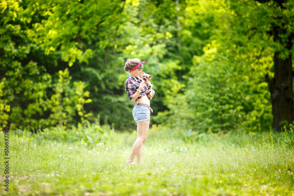 yorkshire terrier small dog in arms of beautiful young girl in a plaid shirt and short denim shorts in pin-up style in forest yorkshire terrier small dog in arms of beautiful young girl in a plaid shirt and short denim shorts in pin-up style in forest