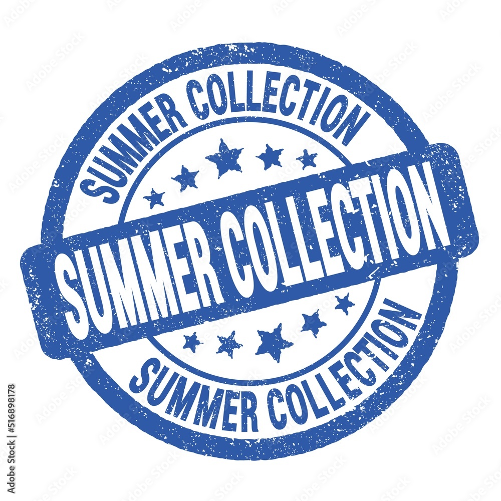 SUMMER COLLECTION text written on blue round stamp sign. SUMMER COLLECTION text written on blue round stamp sign.
