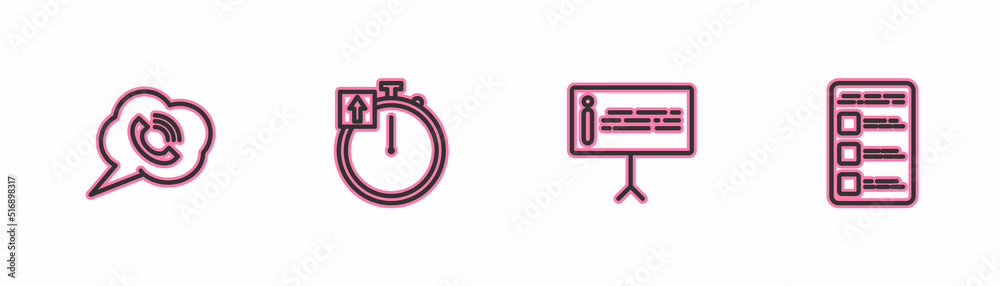 Set line Speech bubble with phone call, Information, Stopwatch and Create account screen mobile icon. Vector Set line Speech bubble with phone call, Information, Stopwatch and Create account screen mobile icon. Vector
