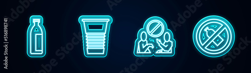 Set line Lotion cosmetic tube, Paper glass, Stop plastic pollution and No bottle. Glowing neon icon. Vector