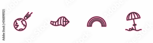 Set line Comet falling down fast, Rainbow, Cone meteorology windsock wind vane and Sun protective umbrella for beach icon. Vector