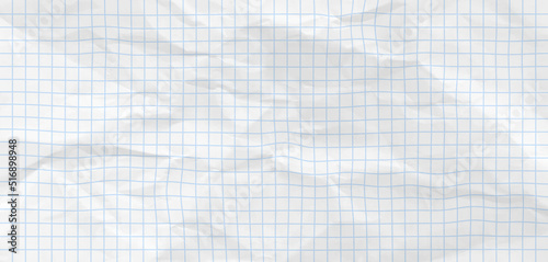 Crumpled blue checkered paper texture realisric vector illustration. White blank notebook sheet with grid, wrinkle and crease effect, note page mock up, educational template