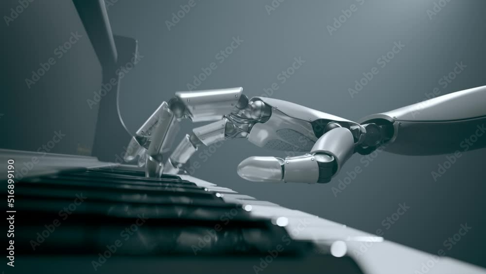 A modern robot is playing music on the piano. Fingers are moving with accuracy.