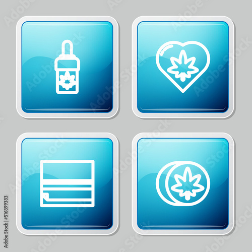 Set line Marijuana or cannabis olive oil, leaf in heart, Rolling paper and Herbal ecstasy tablets icon. Vector
