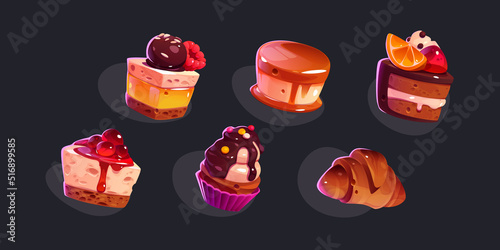 Sweet desserts, cakes, cupcake and croissant isolated on background. Vector cartoon game icons set of cute baked food with chocolate and jelly glaze, fruits, whipped cream and candies © klyaksun