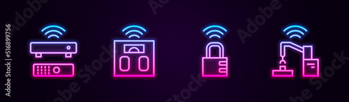 Set line Wireless TV box receiver, Smart bathroom scales, safe combination lock and Robotic robot arm hand factory. Glowing neon icon. Vector