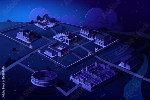 Rome isometric landscape with antique building vector night cartoon game background. Capitol temple and basilica with square, roman forum, taberna and insula, castra ancient military camp in dark