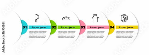Set line Sickle, Bread loaf, Can container for milk and Shield corn. Business infographic template. Vector
