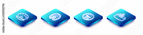 Set Isometric line Shell with pearl, Fish steak, Jellyfish on plate and Tin can caviar icon. Vector