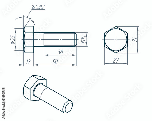 Bolt. Detail sketch with dimensions. Vector illustration for technical design. Simple engineering drawing. Editable line thickness.