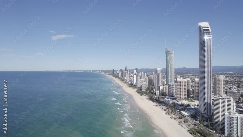 Contemporary Hotels With Beach Escape And Ocean View On The Gold Coast. Surfers Paradise Accommodation In Queensland, Australia. aerial pullback Contemporary Hotels With Beach Escape And Ocean View On The Gold Coast. Surfers Paradise Accommodation In Queensland, Australia. aerial pullback
