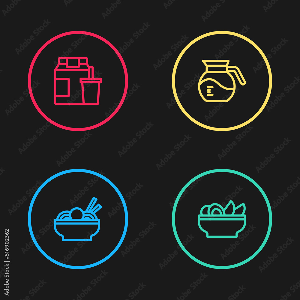 Set line Asian noodles in bowl, Nachos plate, Coffee pot and Online ordering and delivery icon. Vector Set line Asian noodles in bowl, Nachos plate, Coffee pot and Online ordering and delivery icon. Vector