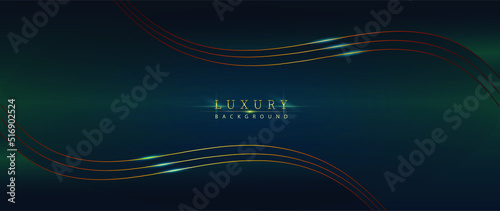 Luxury banners, peacock blue and green lights. Symmetrical background with golden waves and sparkle. Central space for text or logo