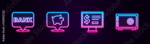 Set line Bank building, Piggy bank, Monitor with dollar and Safe. Glowing neon icon. Vector