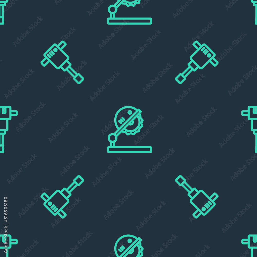 Set line Table saw for woodwork, Construction jackhammer and on seamless pattern. Vector