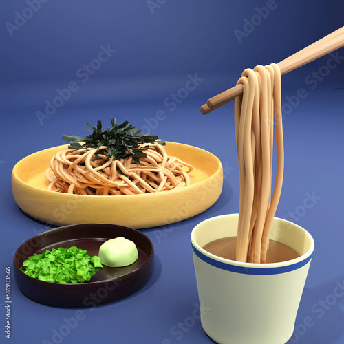 Cold soba noodles served with dipping sauce. render 3d illustration photo