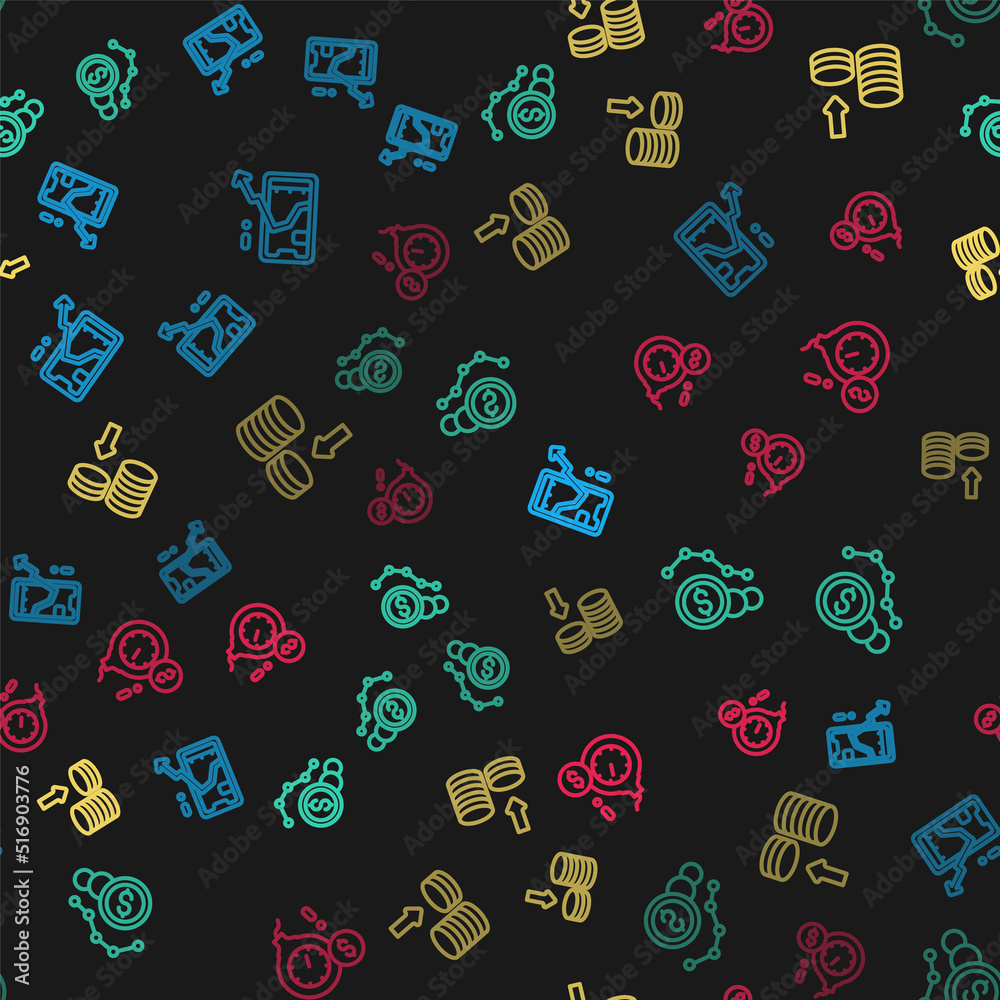 Set line Mobile stock trading, Dollar rate decrease, and Money bomb dollar crisis on seamless pattern. Vector Set line Mobile stock trading, Dollar rate decrease, and Money bomb dollar crisis on seamless pattern. Vector