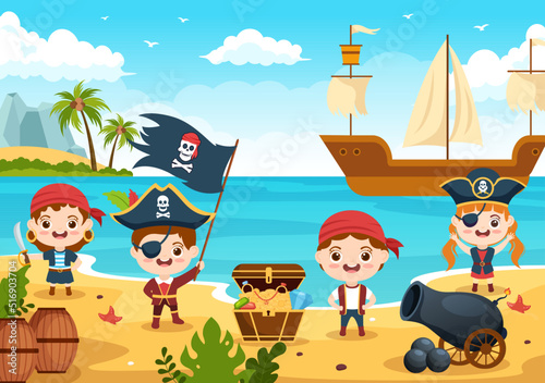 Cute Pirate Cartoon Character Illustration with Wooden Wheel, Chest, Vintage Caribbean, Pirates and Jolly Roger on Ship on Sea or Island
