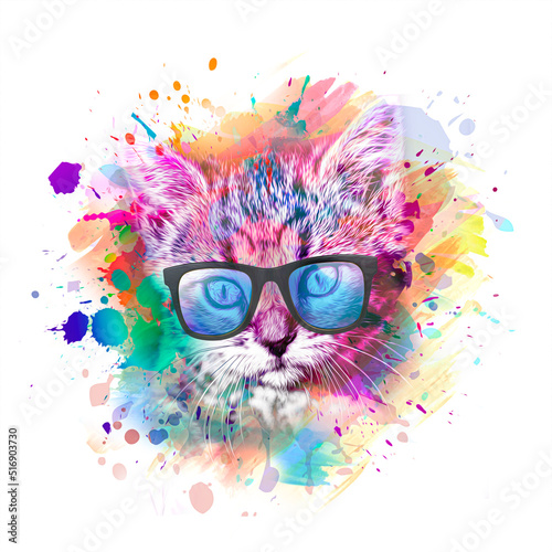 colorful artistic kitty muzzle with bright paint splatters on white background. © reznik_val