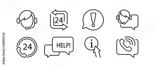 Help, support and contact vector flat line icons set. Telephone assistant, Internet help, online help.