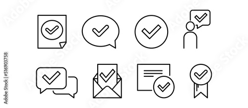 Approved, flag and message on social networks. Chat icons. Chat tooltip, tick or mark, quote icons for comments. Think approved to speak, a popup.