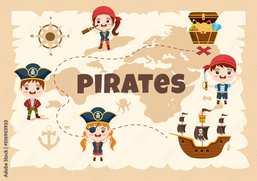 Fototapeta premium Pirate Cartoon Character Illustration with Treasure Map, Wooden Wheel, Chests, Parrot, Pirate, Ship, Flag and Jolly Roger in Flat Icon Style