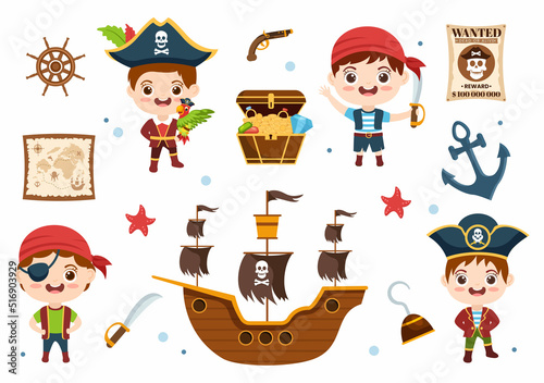 Pirate Cartoon Character Illustration with Treasure Map, Wooden Wheel, Chests, Parrot, Pirate, Ship, Flag and Jolly Roger in Flat Icon Style