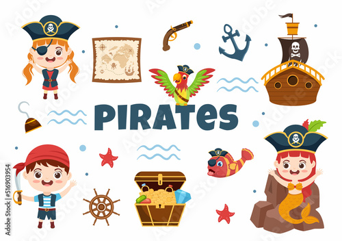 Pirate Cartoon Character Illustration with Treasure Map, Wooden Wheel, Chests, Parrot, Pirate, Ship, Flag and Jolly Roger in Flat Icon Style