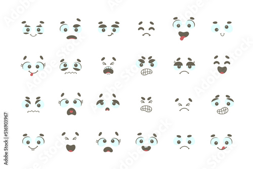 Fototapeta Naklejka Na Ścianę i Meble -  Cartoon faces. Expressive eyes and mouth, smiling, crying and surprised character face expressions. Caricature comic emotions or emoticon doodle. Isolated vector illustration icons set