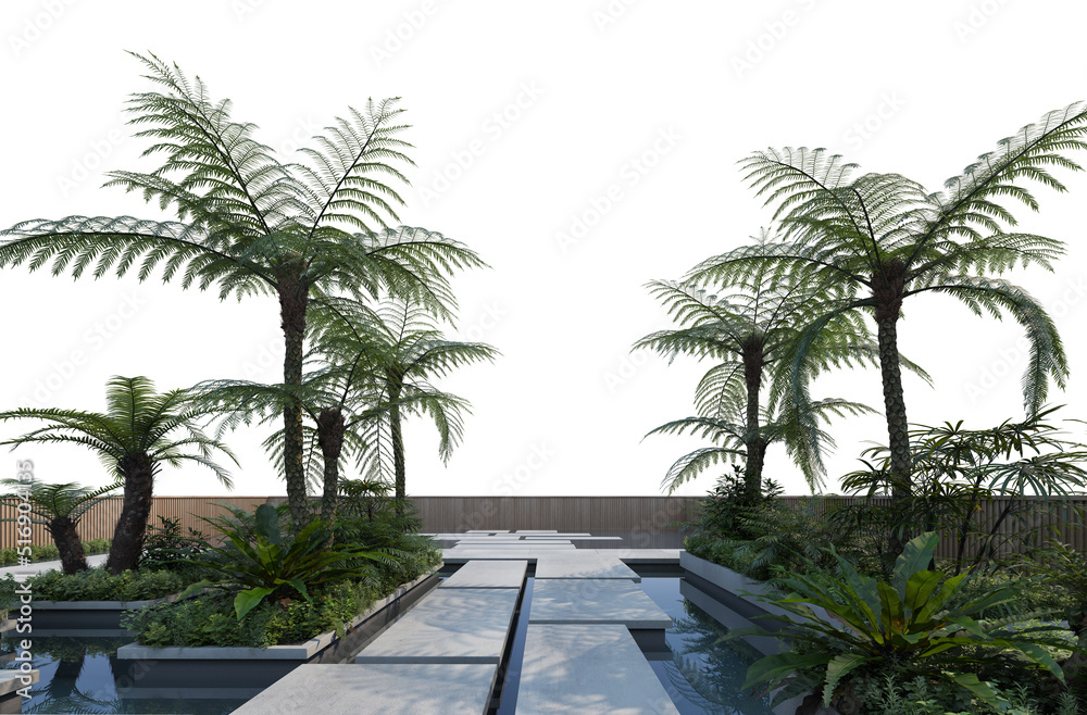 Tropical Plants and Trees Landscaping in concrete on a white background