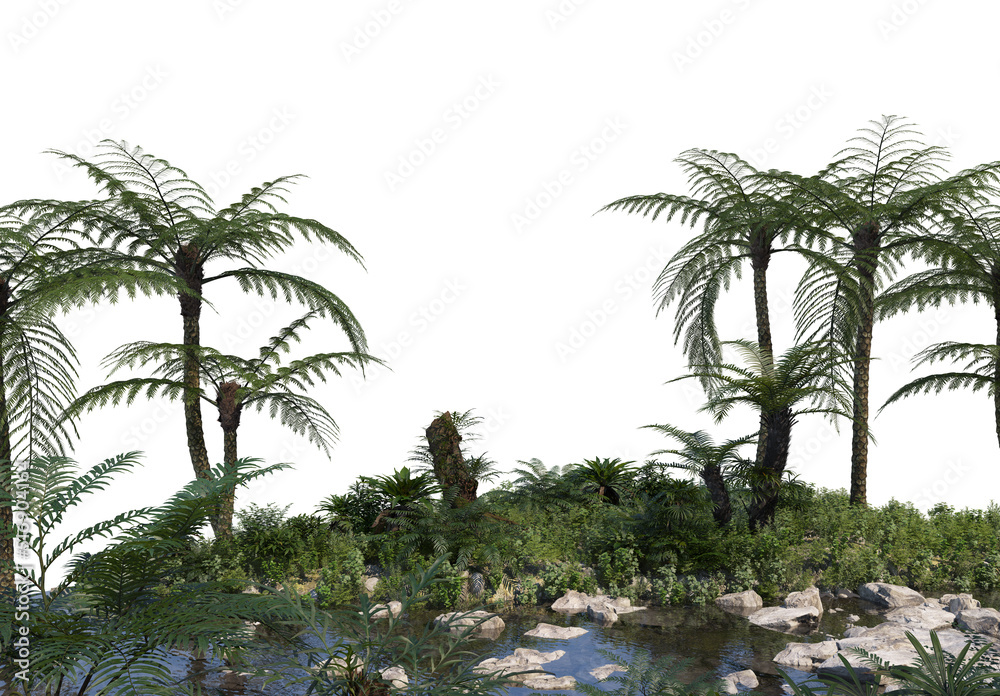 Tropical plants and trees beside streams  On a white background