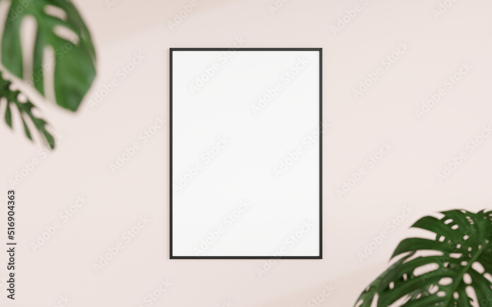 Clean and minimalist front view vertical black photo or poster frame mockup hanging on the wall with blurry plant. 3d rendering. Clean and minimalist front view vertical black photo or poster frame mockup hanging on the wall with blurry plant. 3d rendering.