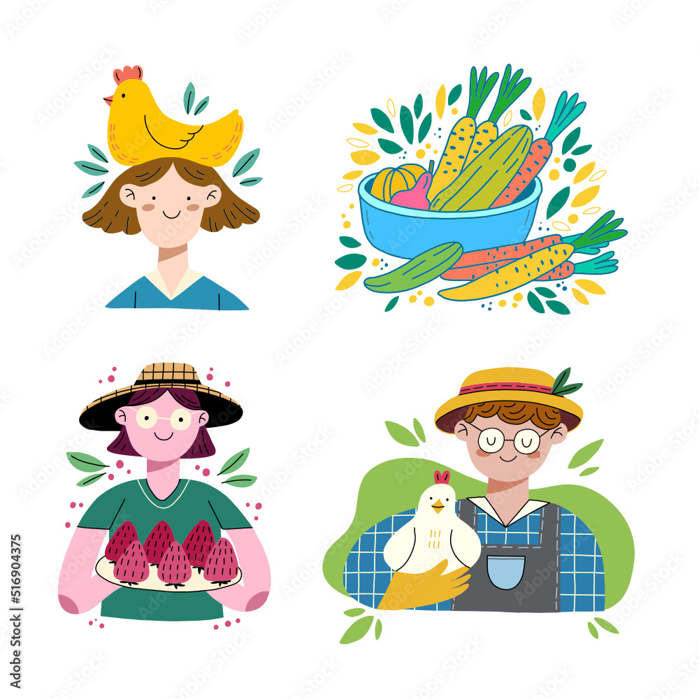 Naklejka premium Set of farmers with chicken and fresh organic food. Hand drawn flat illustration with cartoon characters isolated on white background. Farmers market set.