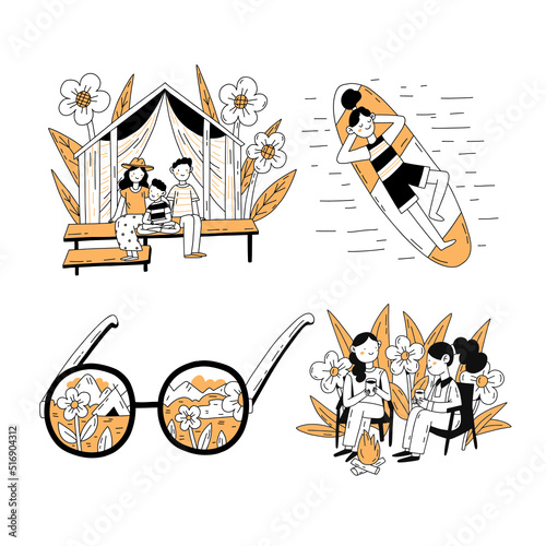People enjoying summer vacation outdoor. Hand drawn outline flat design style minimal vector illustration. People camping and enjoying. 