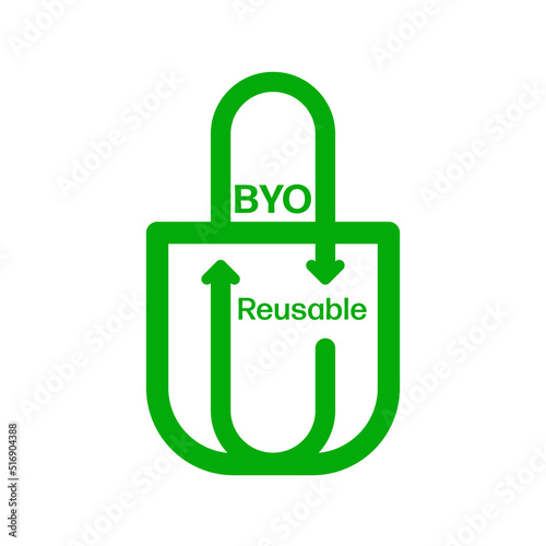 Bring your own reusable shopping bag icon. Editable stroke vector symbol. Reuse arrow bag handle as a gimmick of BYO reducing of waste. photo