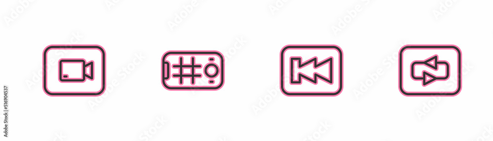 Set line Play video button, Rewind, Selfie mobile and Repeat icon. Vector