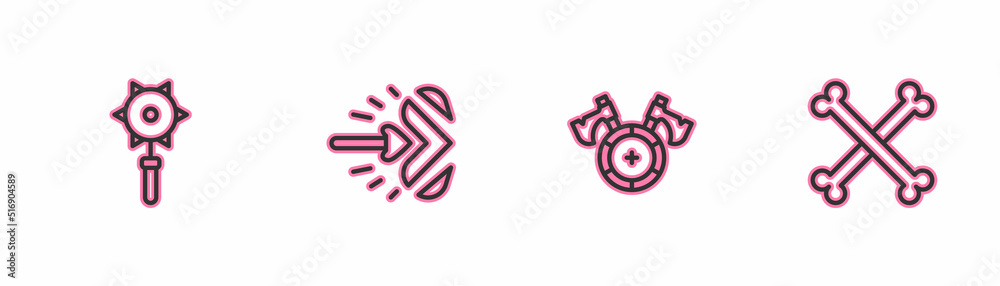 Set line Medieval chained mace ball, shield with axe, Magic arrow and Crossed human bones icon. Vector Set line Medieval chained mace ball, shield with axe, Magic arrow and Crossed human bones icon. Vector
