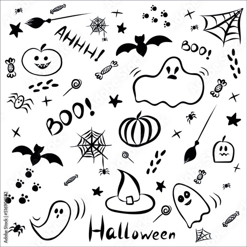Vector set of halloween clipart. Funny, cute illustration for seasonal design, textile, decoration kids playroom or greeting card. Hand drawn prints and doodle.