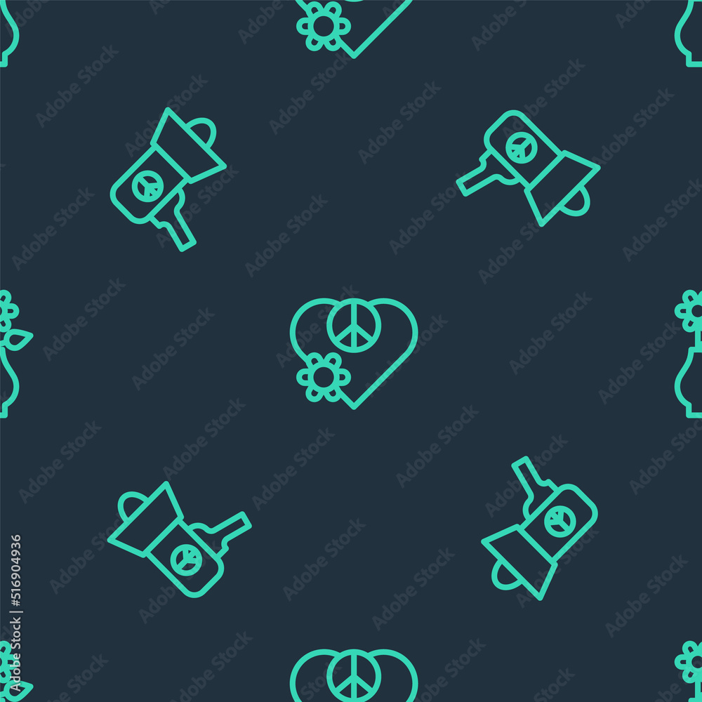 Set line Love peace, Megaphone and Flower in vase on seamless pattern. Vector Set line Love peace, Megaphone and Flower in vase on seamless pattern. Vector