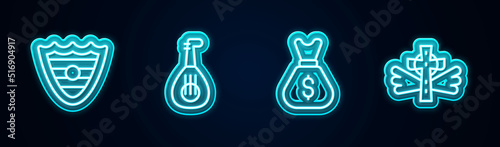 Set line Shield, Lute, Old money bag and Christian cross. Glowing neon icon. Vector