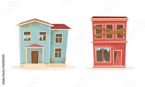 Ruined and abandoned buildings set. Old damaged city buildings cartoon vector illustration