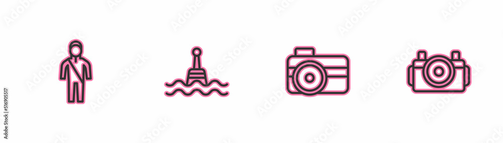 Set line Wetsuit for scuba diving, Photo camera diver, Floating buoy and icon. Vector Set line Wetsuit for scuba diving, Photo camera diver, Floating buoy and icon. Vector